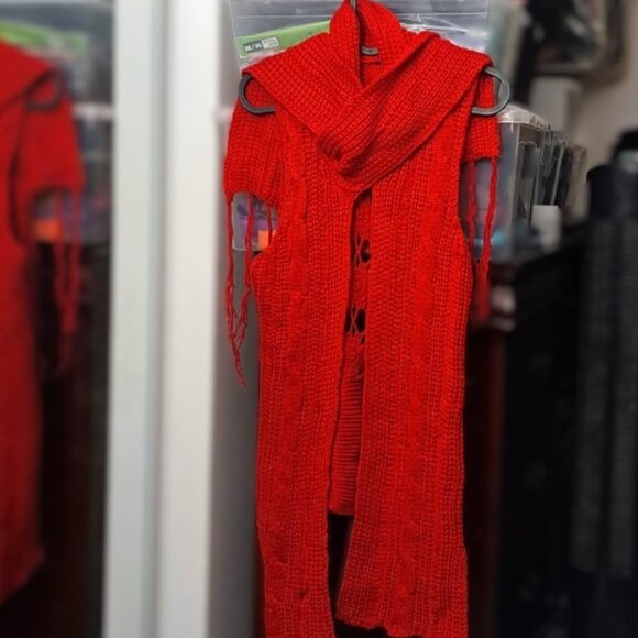 Red Knitted Cardigan Vest Sweater with Crochet Detail - Picture 7 of 9